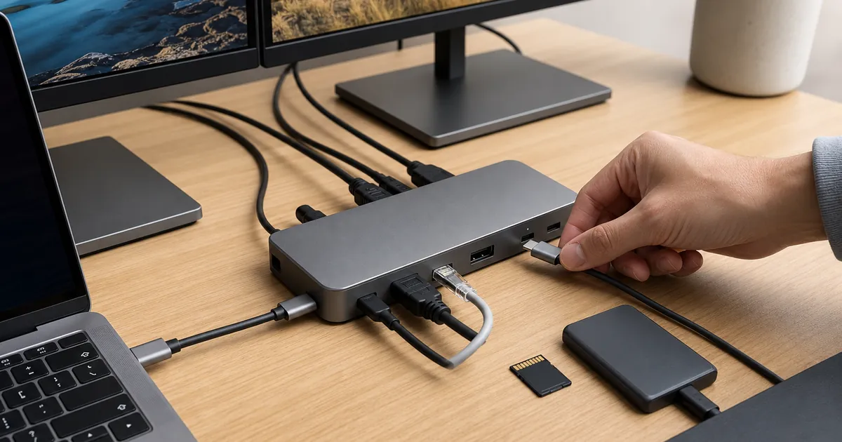 USB-C 도킹스테이션을 노트북과 듀얼모니터에 연결한 사용 장면 예시