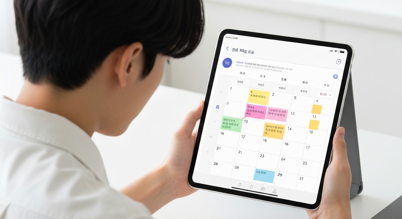 온라인 학습을 위한 계획을 세우는 한국 청년의 모습