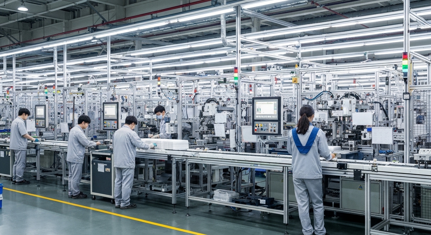 로봇과 인공지능이 통합된 한국 제조공장의 생산 효율 향상과 불량률 감소 모습