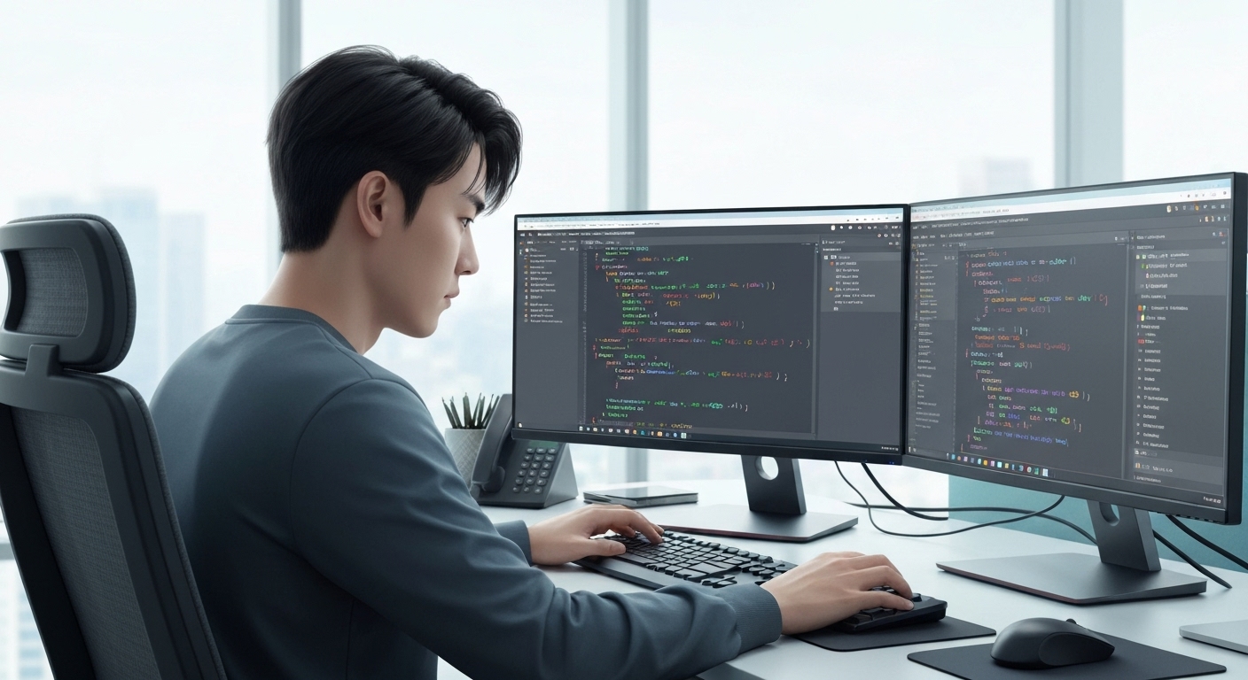 비동기 프로그래밍과 타입 힌팅을 활용해 Python 코드를 작성하는 한국인 프로그래머의 모습