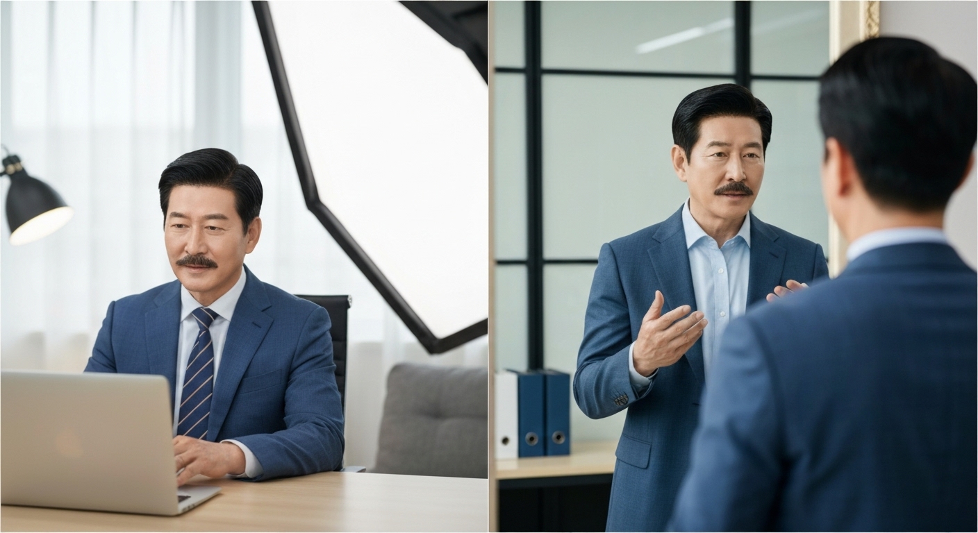 온라인 화상 면접과 대면 면접을 준비하는 한국 시니어 구직자의 대비 모습