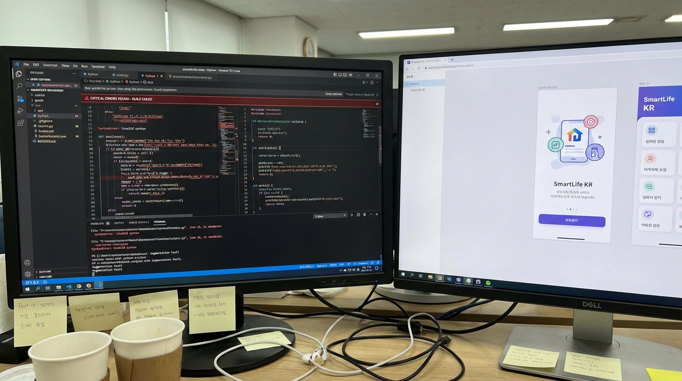 한국 IT 환경에서 기술 미달형 가짜 앱 개발을 상징하는 버그가 많은 코드 화면과 겉만 번지르르한 UI