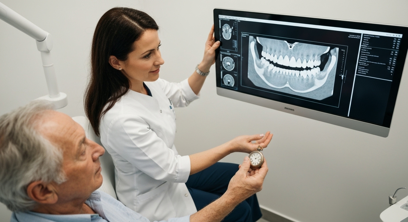 치과 의사가 3D-CT 진단 영상을 보여주며 어르신 환자에게 임플란트 시술 계획을 설명하는 모습