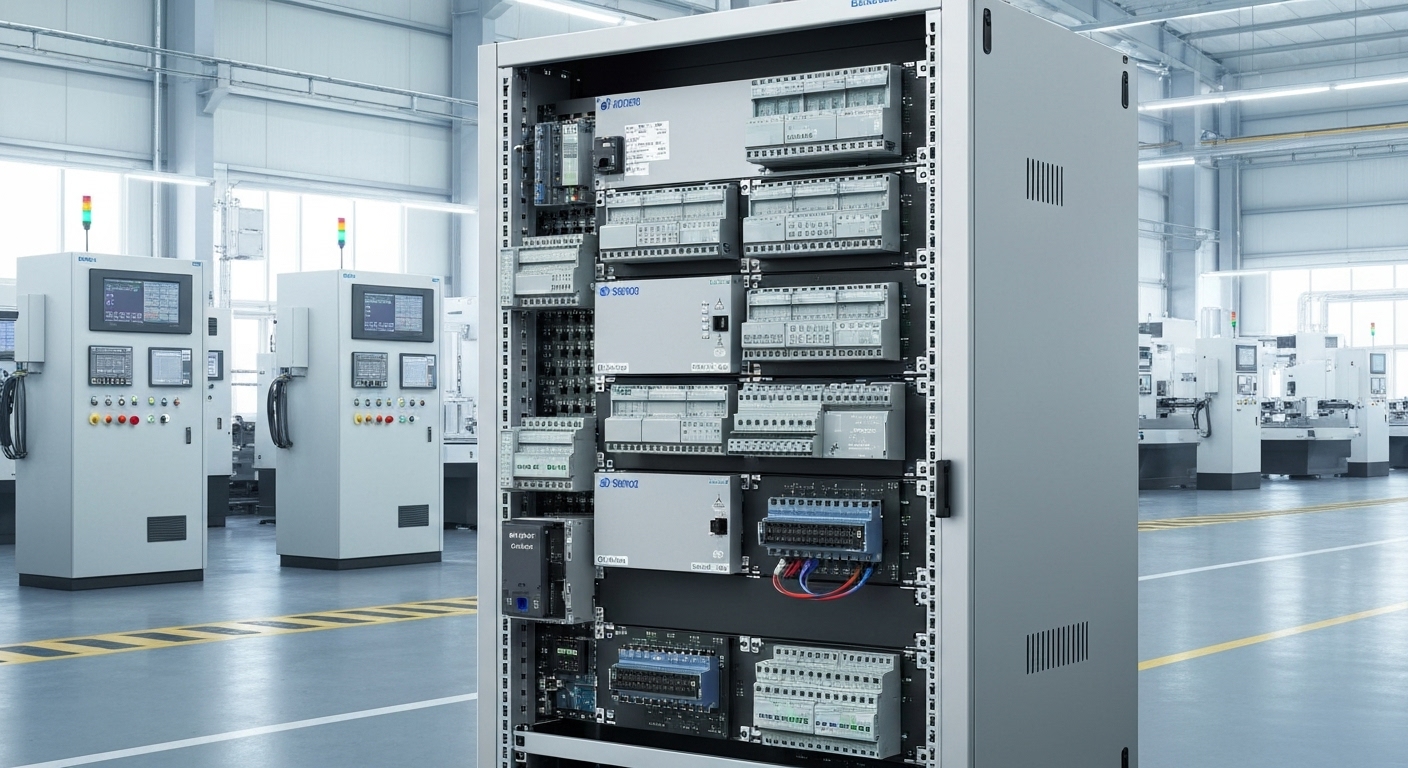 모듈형 PLC 시스템이 레고 블록처럼 조립된 모습, 한국 산업 현장 배경