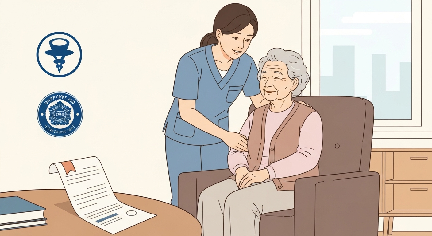 집에서 간병 보호사로부터 도움을 받는 한국 노년층의 장기요양보험 이미지