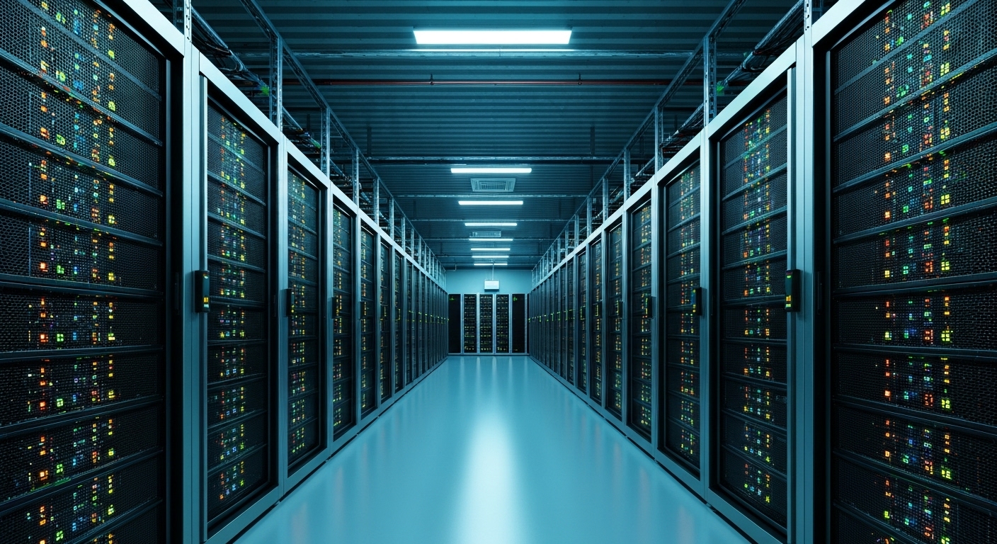한국의 현대적인 데이터 센터 내부 모습, 빛나는 서버가 열을 이루는 모습
