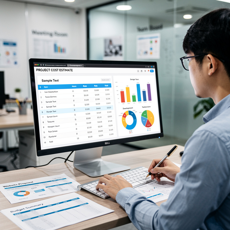 웹 개발자가 견적서와 가격표를 검토하는 모습
