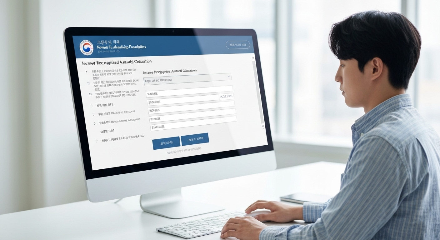 한국장학재단 홈페이지에서 소득인정액 계산을 위한 온라인 입력 화면을 사용하는 모습