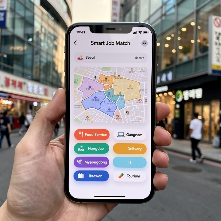 서울 지도와 함께 AI 기반 일자리 매칭 앱 화면
