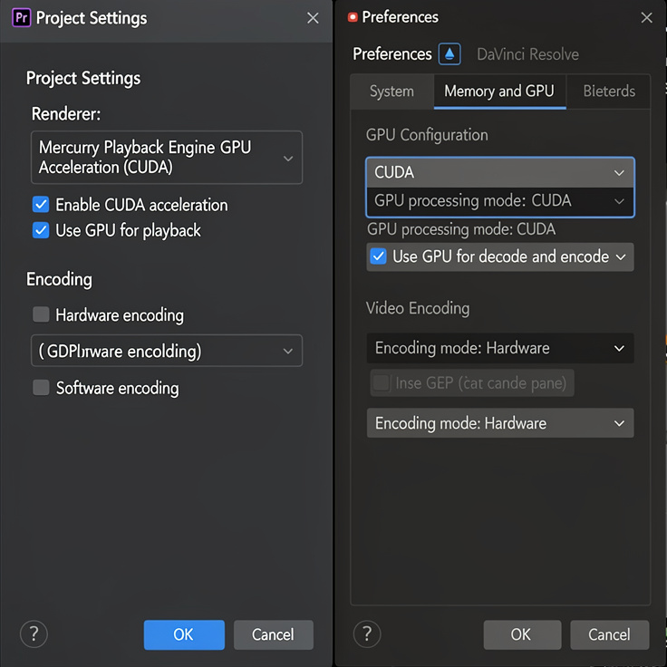 CUDA 가속과 하드웨어 인코딩이 설정된 영상편집 프로그램 설정창