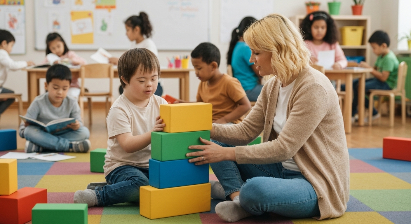장애 통합 어린이집에서 특수 아동과 함께 블록 놀이를 하는 장애영유아보육교사