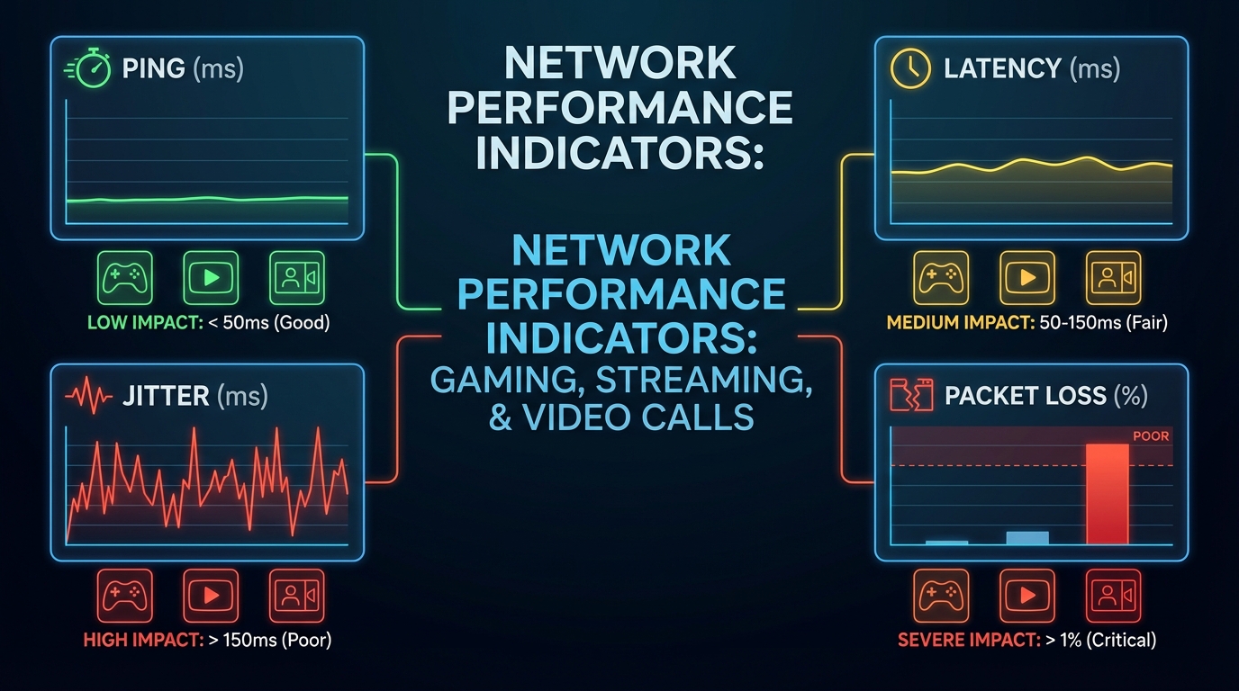 핑 지연시간, 지터, 손실률 품질 지표를 나타내는 그래프 및 아이콘 인포그래픽