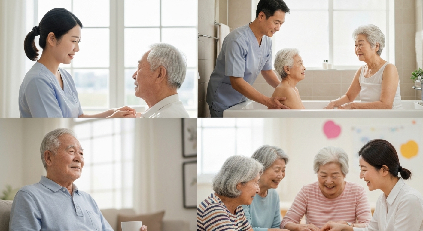 장기 간병, 시간제 간병, 공동 간병 형태를 비교하는 한국 배경의 다양한 간병 서비스 모습