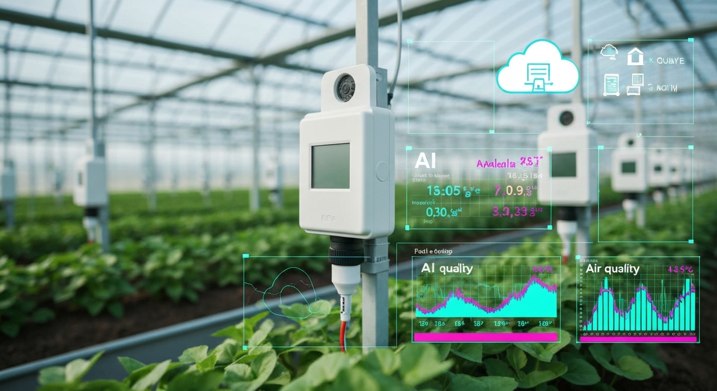 한국 온실에서 토양 수분 및 대기 질을 측정하는 IoT 센서와 AI 데이터 분석을 묘사한 이미지