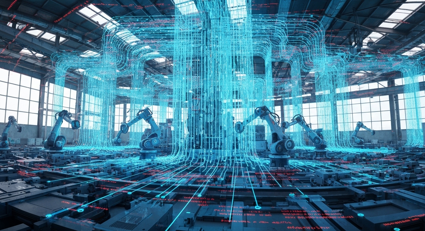 수많은 IoT 기기들이 연결된 미래형 기업 환경과 그 사이를 흐르는 데이터, 그리고 잠재적 위협을 상징하는 붉은 빛