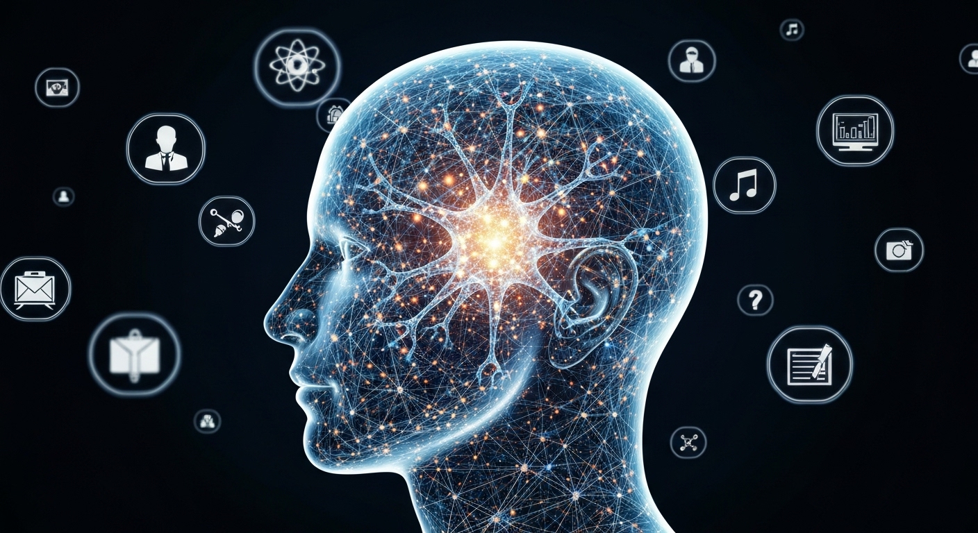 인공지능의 뇌를 형상화한 이미지. 빛나는 뉴럴 네트워크가 투명한 인간의 머리 실루엣 안에서 복잡하게 얽혀 빛나고 있다.