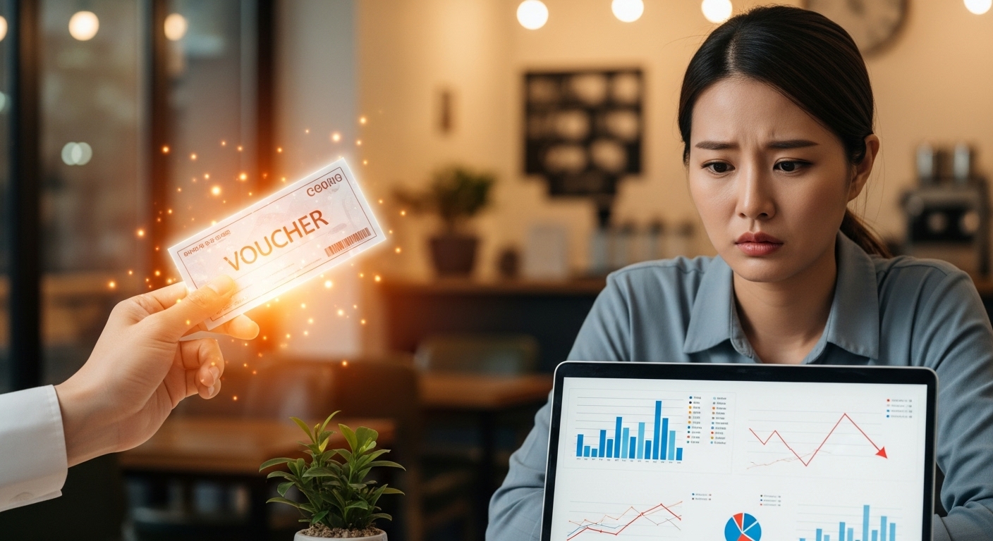 AI 도입 비용을 걱정하는 소상공인에게 정부 지원금을 상징하는 빛나는 바우처가 건네지는 희망적인 장면