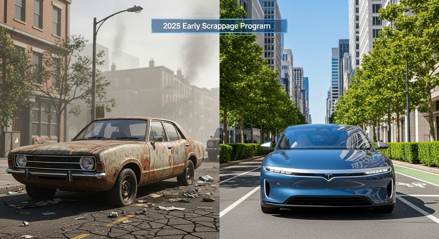 낡은 차와 새 전기차가 대조를 이루며 조기폐차 지원금의 긍정적 변화를 상징하는 이미지.