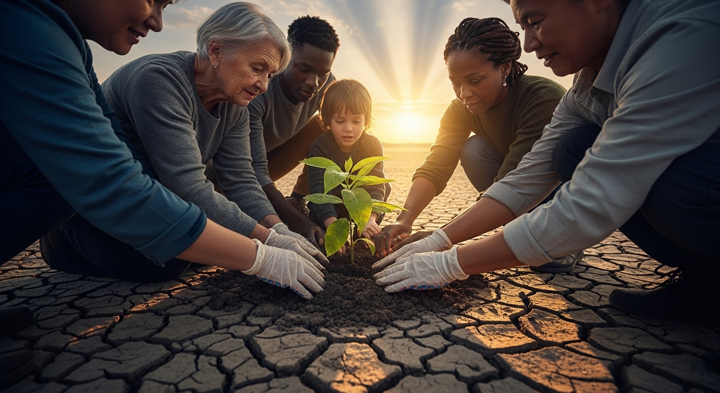 기후위기로 갈라진 메마른 땅 위에서 다양한 사람들이 희망을 상징하는 나무를 함께 심는 모습