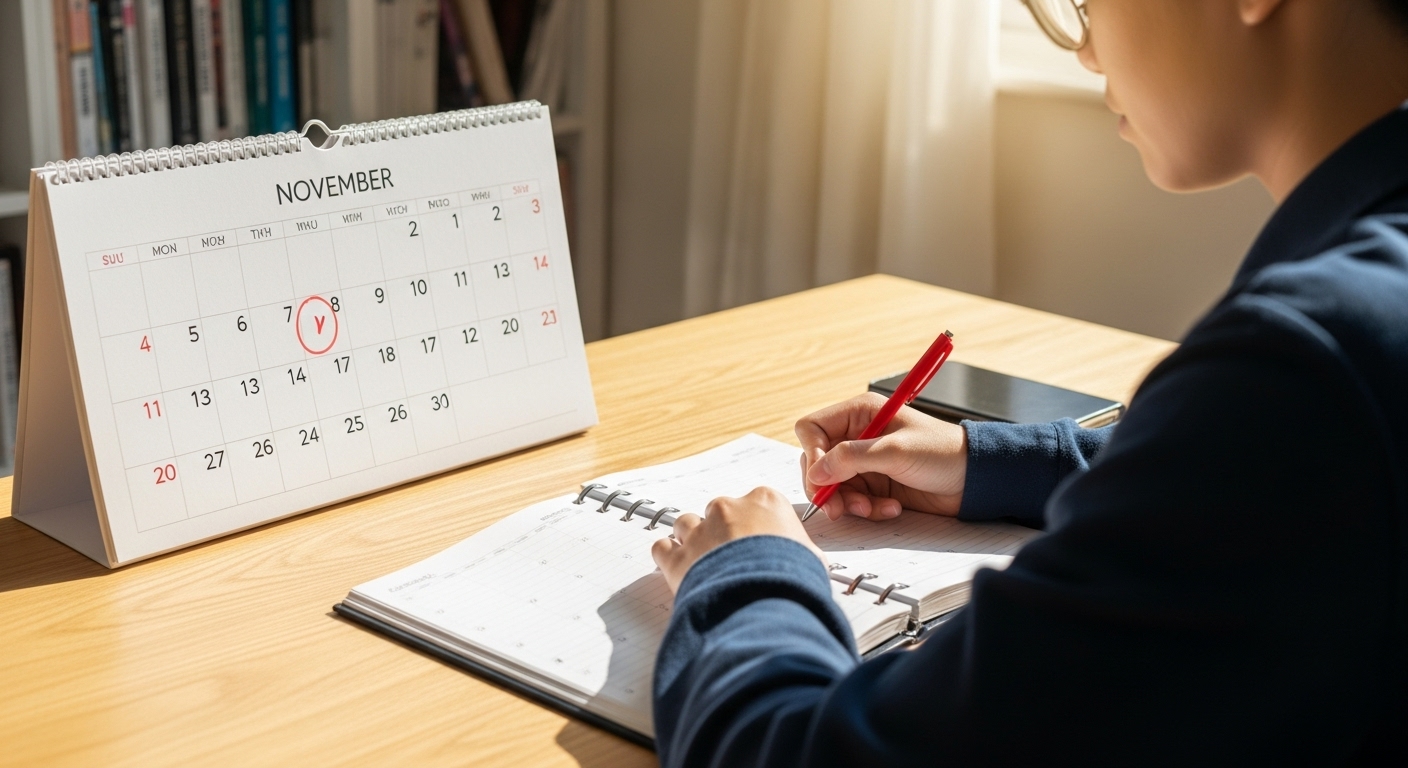 달력에 시험 일정을 표시하며 2026년 임용고시를 계획하는 수험생의 모습