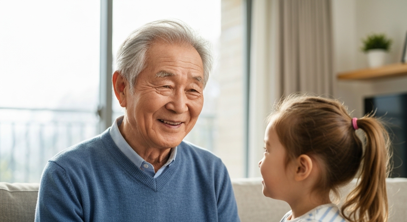 밝은 거실에서 손녀와 다정하게 대화하며 미소 짓는 노인의 모습