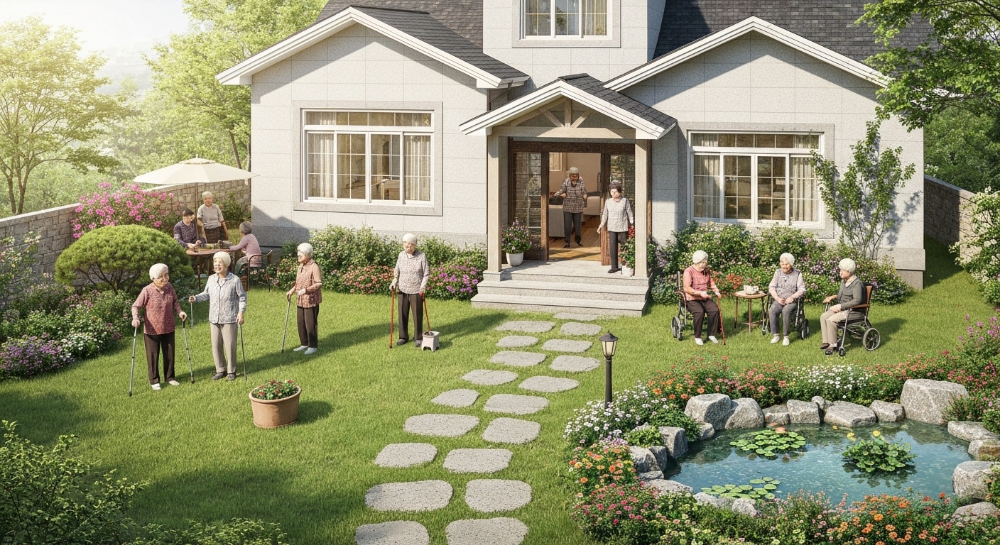 한국의 소규모 노인요양공동생활가정 외관과 어르신들