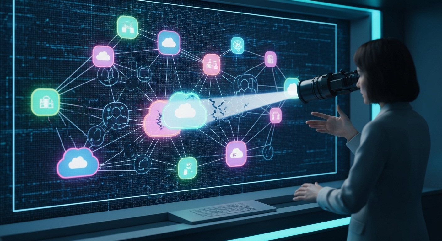 여러 클라우드 서비스가 연결된 네트워크의 보안 취약점을 분석하는 미래지향적 이미지