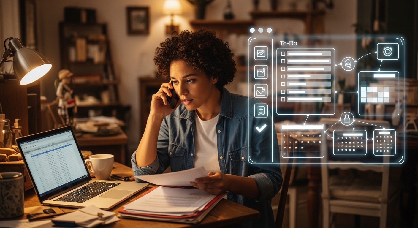 여러 업무로 힘들어하는 소상공인을 AI 기술이 돕는 모습을 시각적으로 표현한 이미지