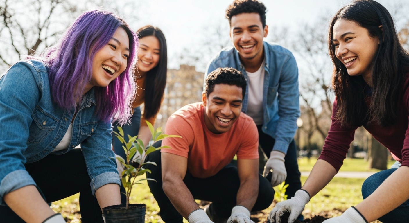 여러 학생들이 공원에서 함께 나무를 심으며 즐겁게 봉사활동을 하는 모습