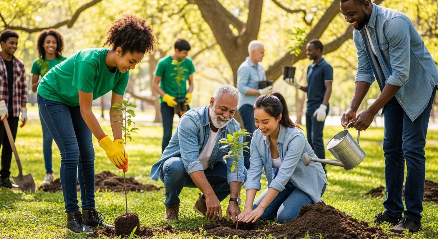 다양한 인종과 연령의 자원봉사자들이 공원에서 함께 나무를 심으며 협력하는 모습