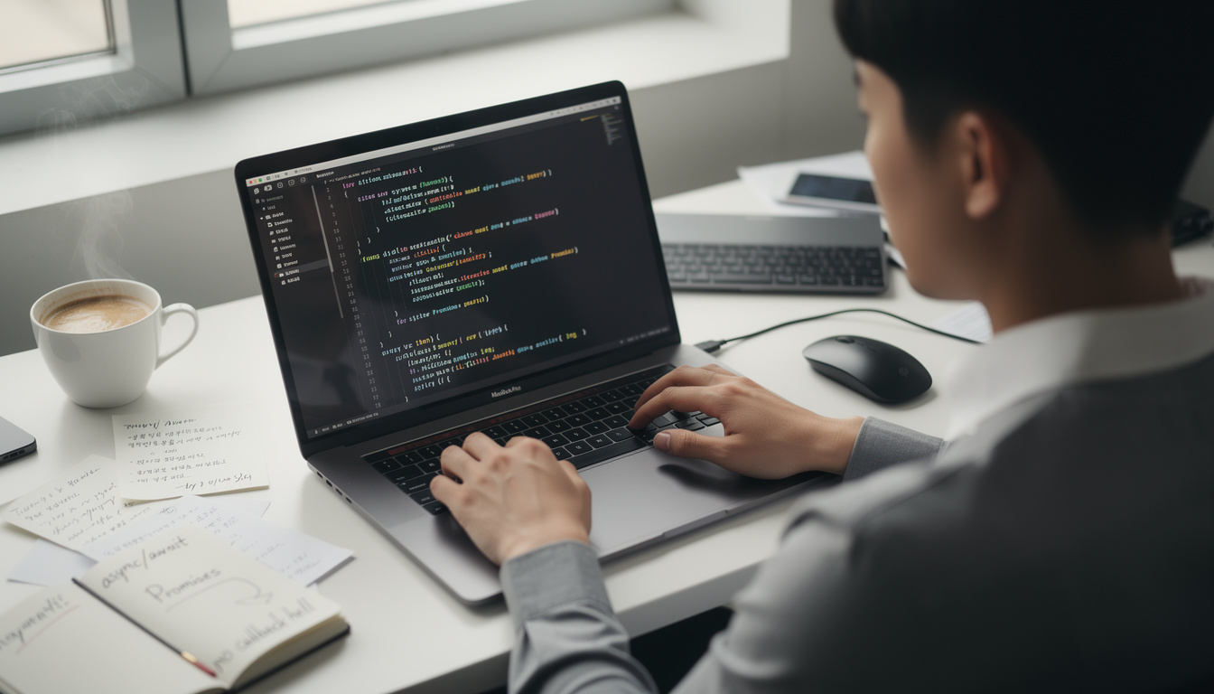 비동기 처리를 위한 async await 코드를 작성하는 개발자의 작업 환경