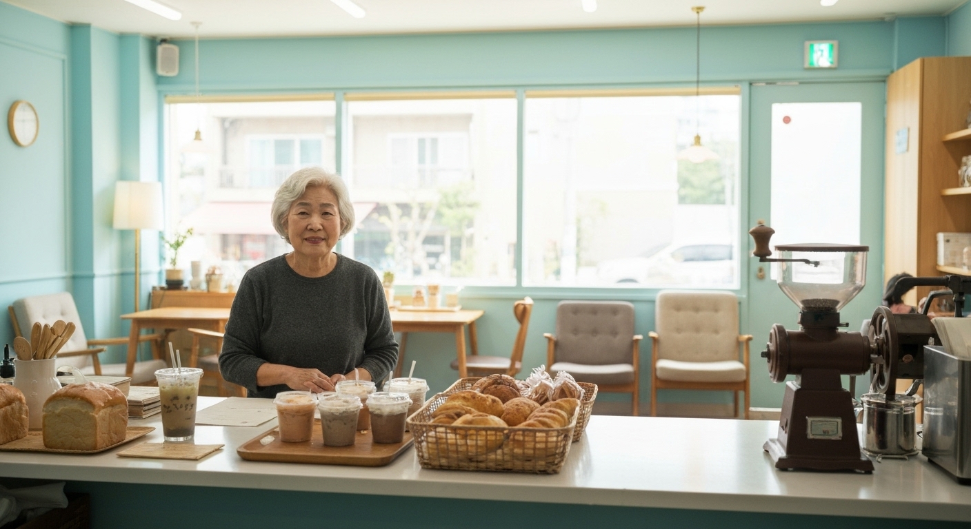 소형 카페를 운영하는 한국 시니어 창업자의 아늑한 동네 카페 모습