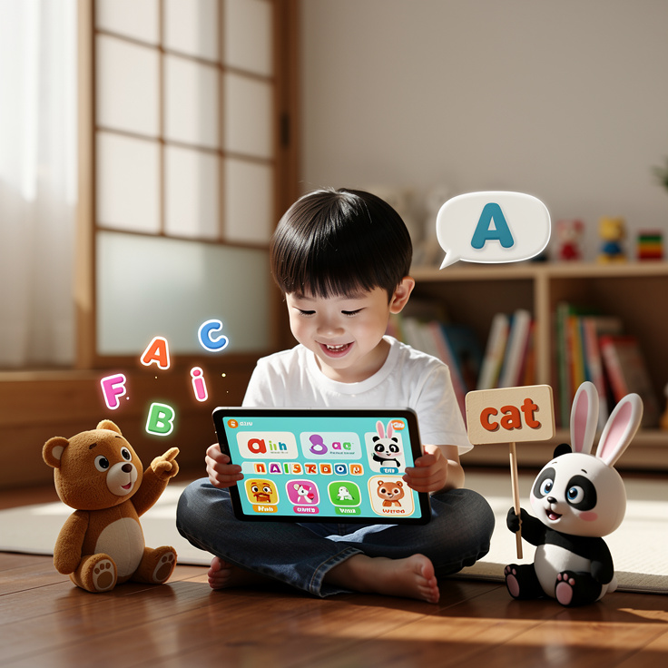 광고 없는 영어 교육 앱을 사용하며 즐겁게 학습하는 한국 아이