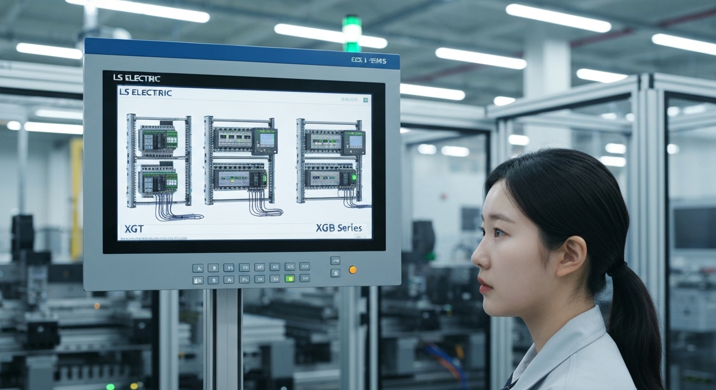 LS ELECTRIC PLC 시스템과 한국 엔지니어가 모니터링하는 모습, 한국 공장 배경