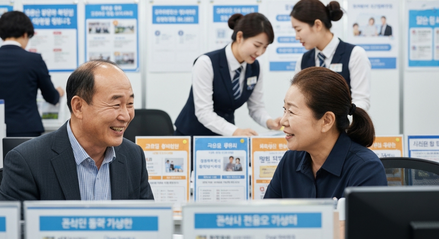 고용복지플러스센터에서 직업훈련 정보를 상담 받는 중장년층