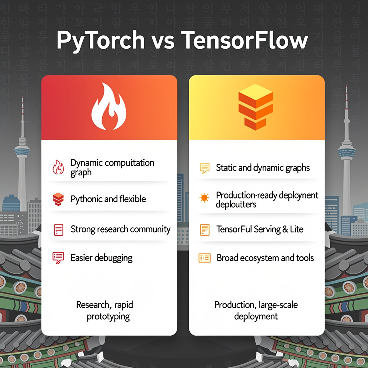 PyTorch와 TensorFlow의 특징을 비교한 차트 이미지