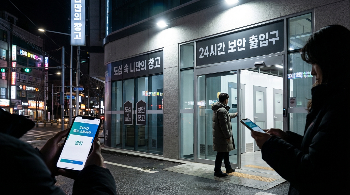 스마트폰 앱으로 24시간 출입 가능한 도심형 창고 입구 모습