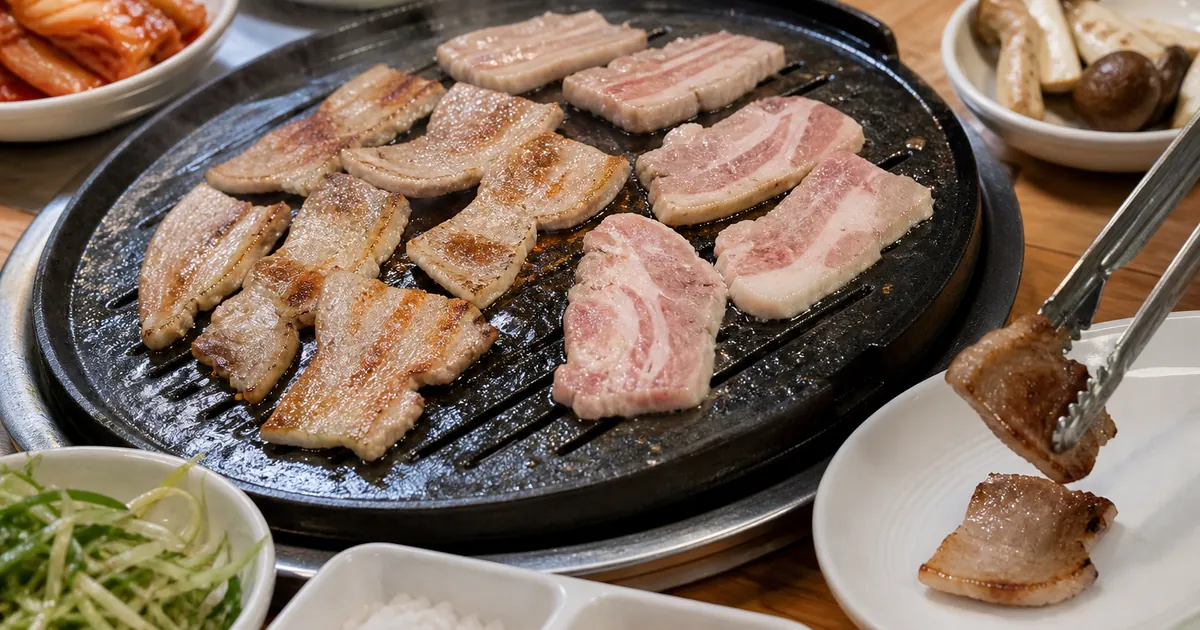 항정살과 가브리살을 불판에서 나란히 굽고 쌈채소와 반찬을 곁들인 돼지고기 특수부위 비교 장면