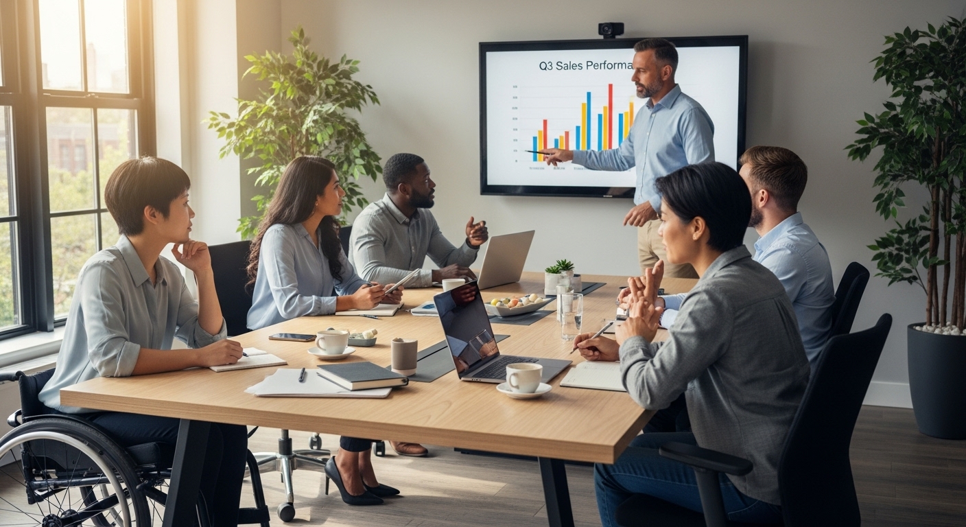 휠체어를 탄 직원을 포함한 다양한 구성원들이 함께 회의하는 긍정적인 사무실 풍경