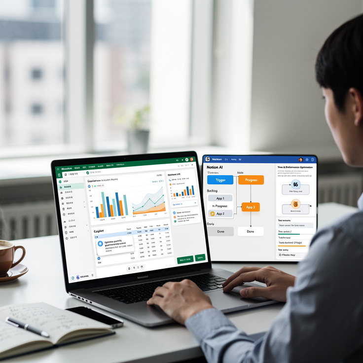 업무 효율성을 높이는 AI 툴을 사용하는 한국인 전문가의 모습