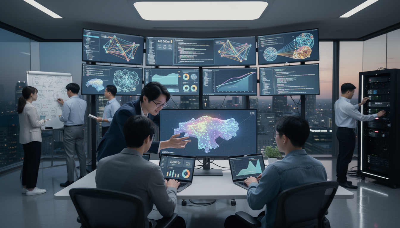 데이터 전문가 확보와 조직 역량 강화를 보여주는 데이터 사이언티스트와 AI 전문가들의 협업 장면