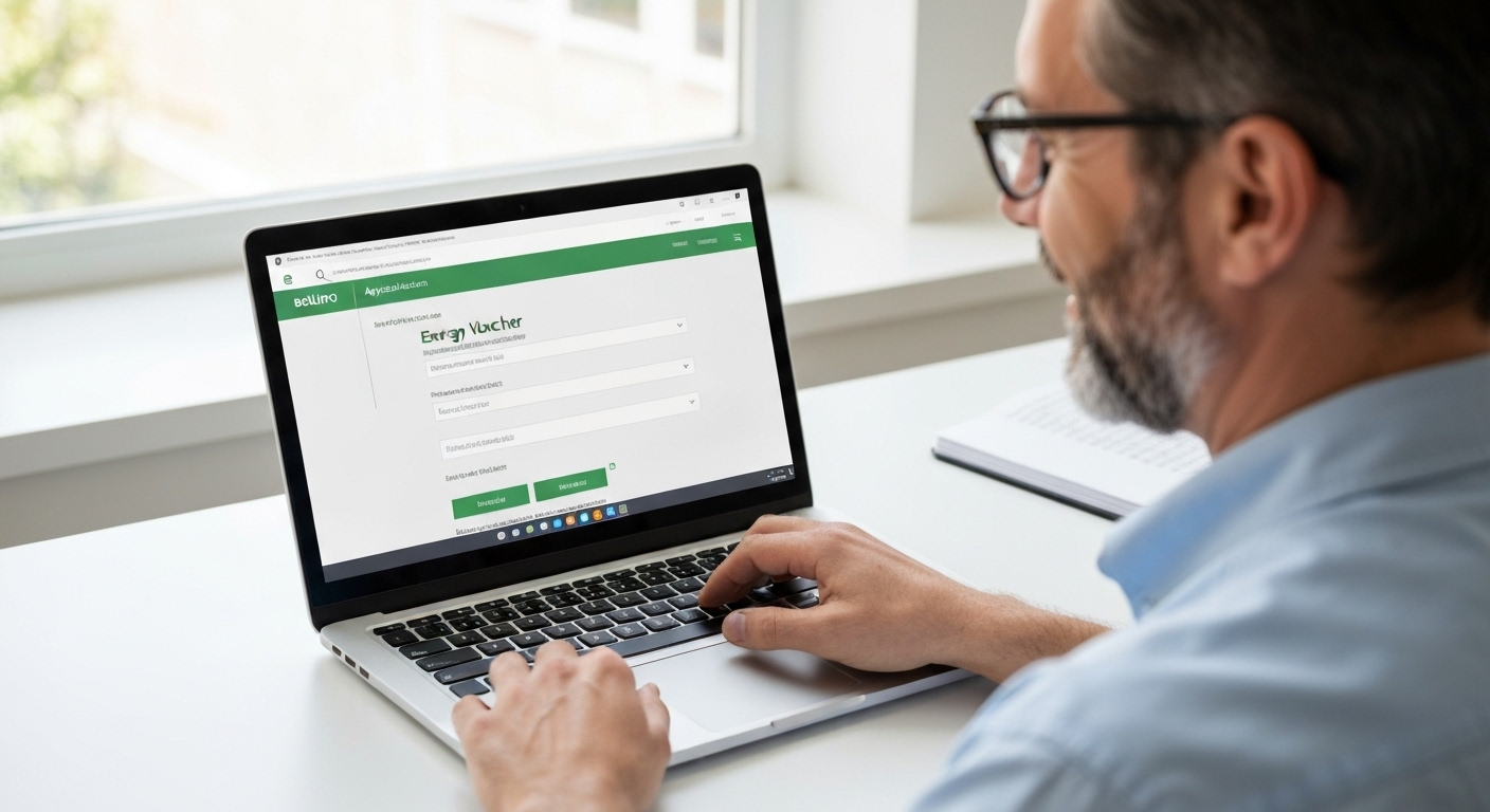 노트북으로 복지로 웹사이트에 접속하여 에너지바우처 온라인 신청을 하는 모습