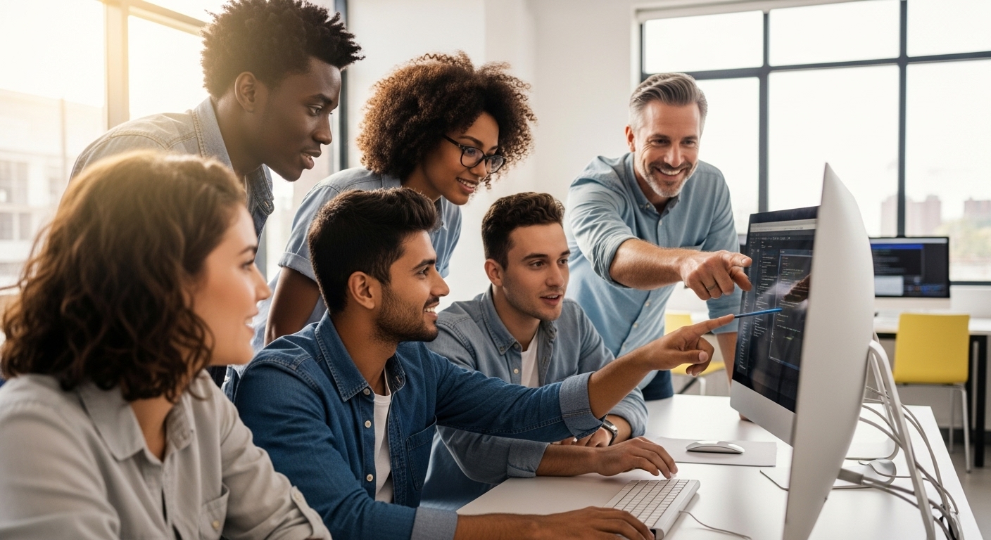 현대적인 강의실에서 강사와 함께 정보보안 프로젝트를 진행하는 학생들