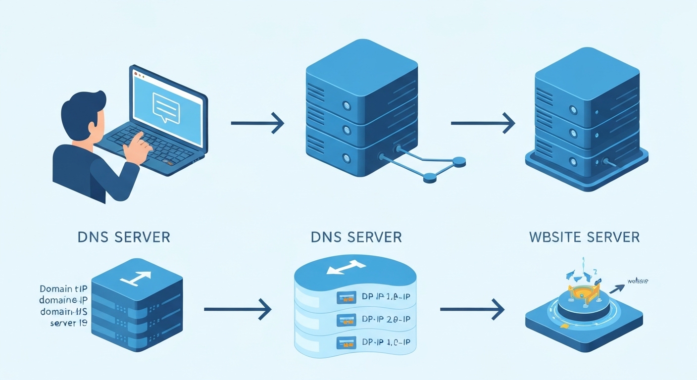 DNS 작동 과정을 단계별로 시각화한 이미지, 도메인 입력부터 서버 연결까지