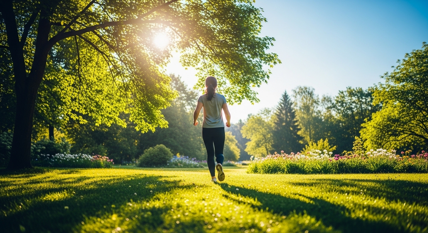 상쾌한 아침 햇살을 받으며 공원에서 바른 자세로 걷고 있는 건강한 사람