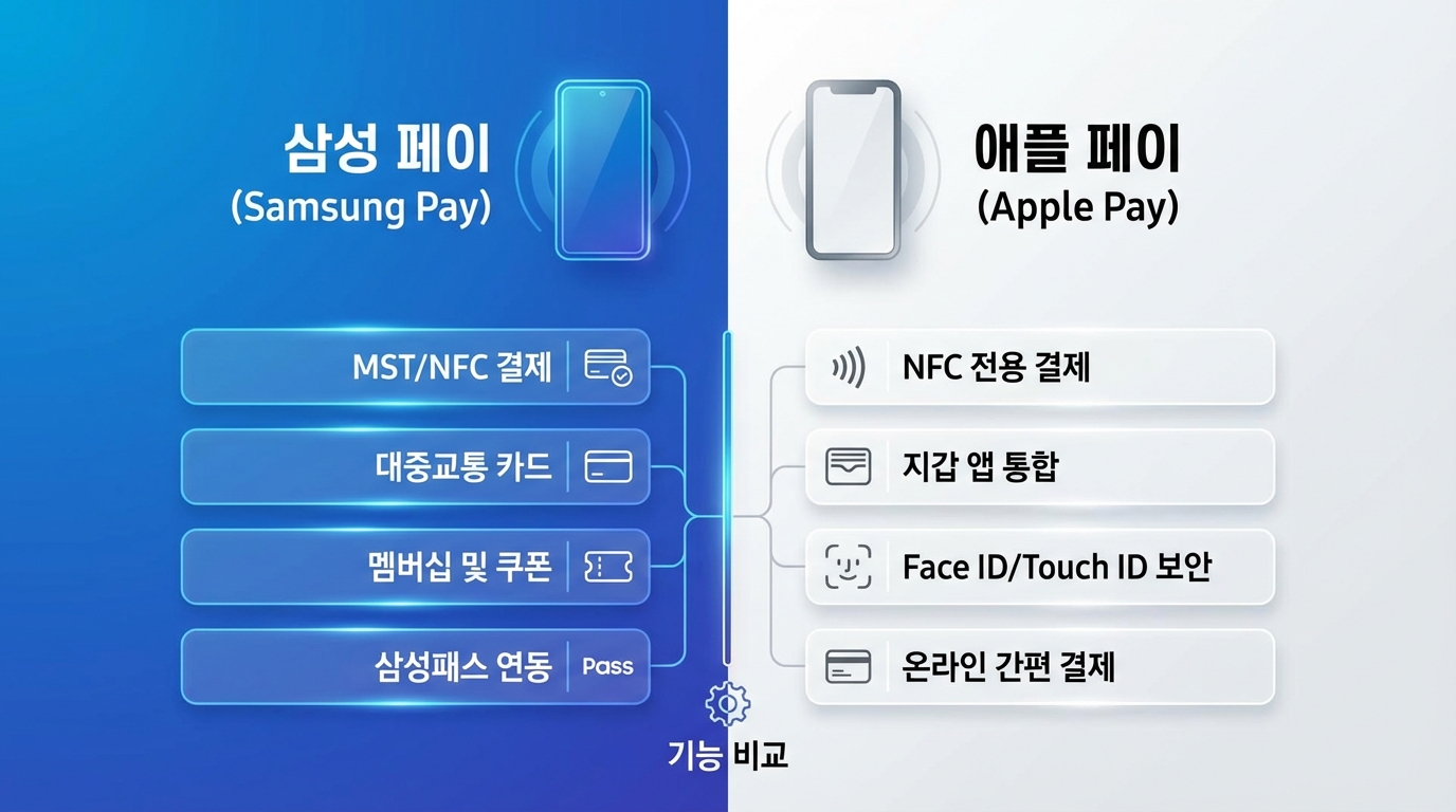 삼성페이와 애플페이 기능 및 장단점 비교 인포그래픽