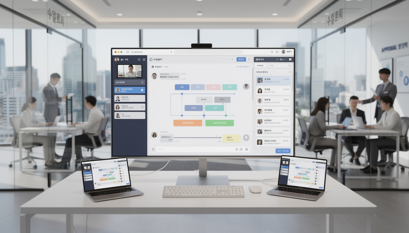 한국 사무실 배경의 올인원 그룹웨어 솔루션 통합 업무 환경