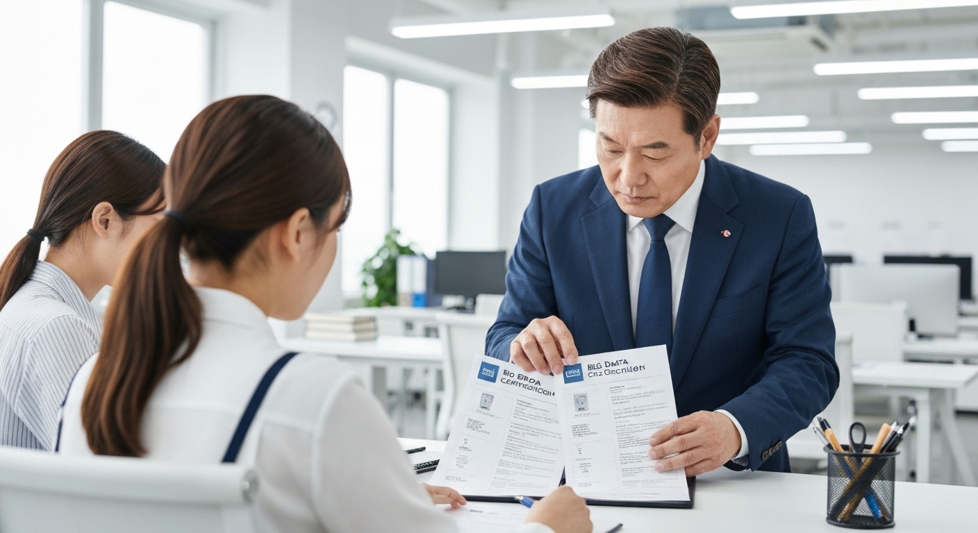 빅데이터 자격증이 강조된 이력서를 검토하는 한국 인사 담당자의 모습