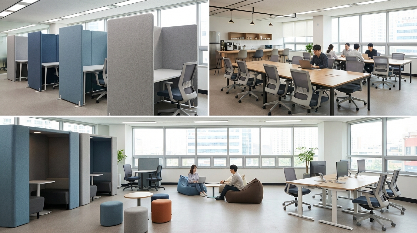 파티션형, 개방형, 하이브리드형 한국 사무실 공간 구조 비교 이미지