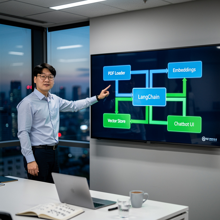 LangChain 활용한 로컬 문서 기반 챗봇 시스템 구조를 설명하는 모습